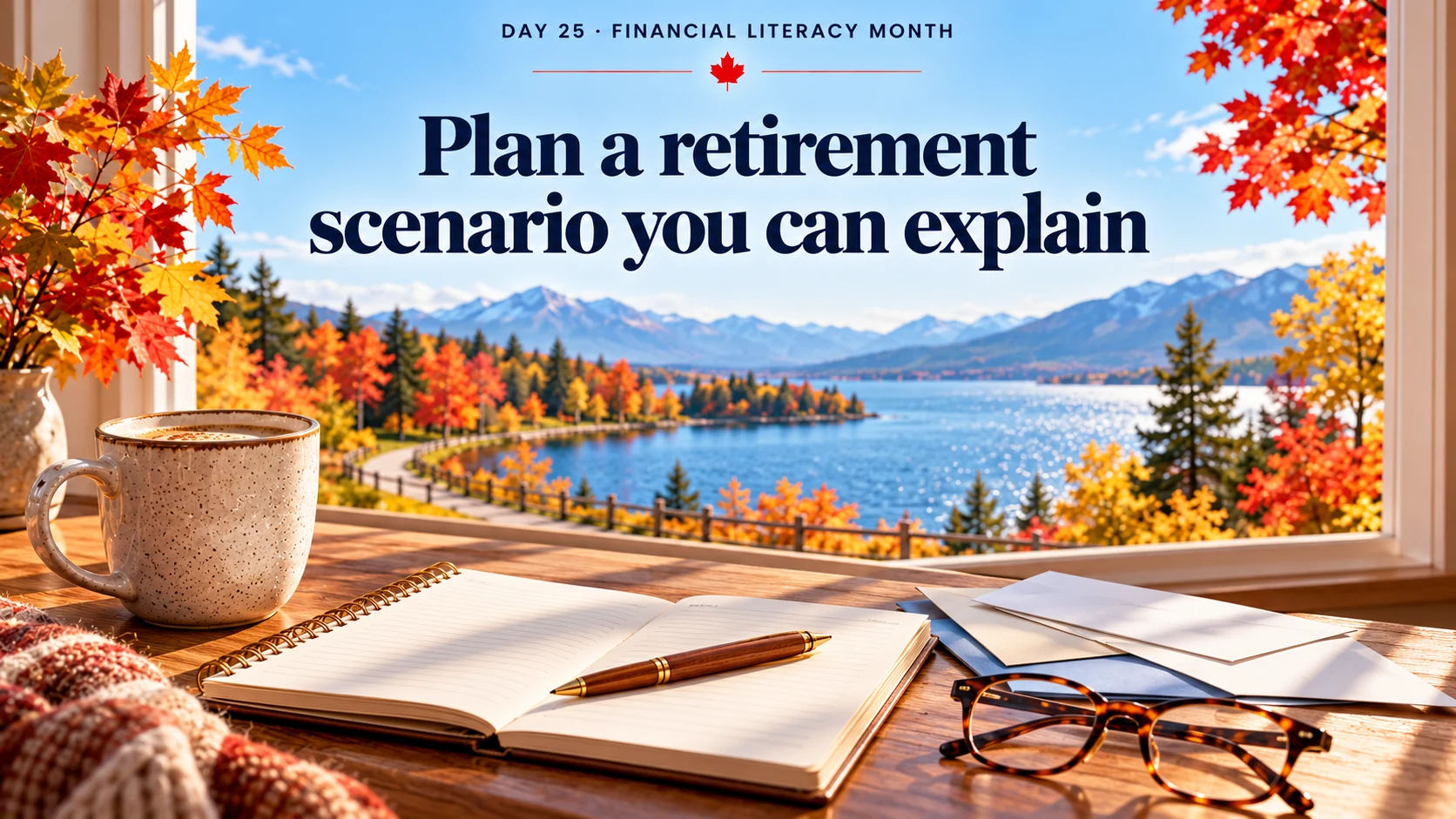 Day 25, Financial Literacy Month. Plan a retirement scenario you can explain. Retirement records and a planning notebook overlook a quiet lakeside path.