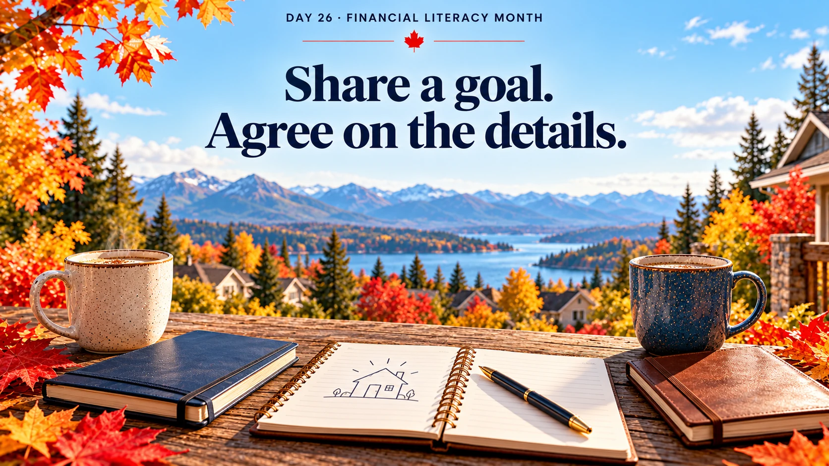 Day 26, Financial Literacy Month. Share a goal. Agree on the details.. Two personal notebooks sit beside a shared goal notebook, illustrating an agreed approach to household planning.