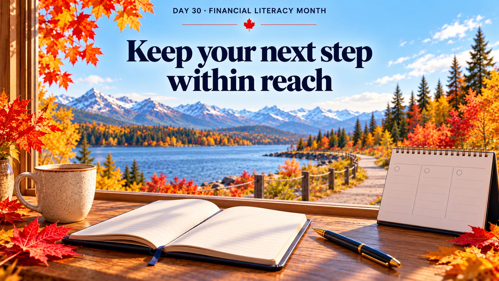 Day 30, Financial Literacy Month. Keep your next step within reach. An open journal and calendar sit beside a window overlooking an autumn path leading toward a Canadian lake.
