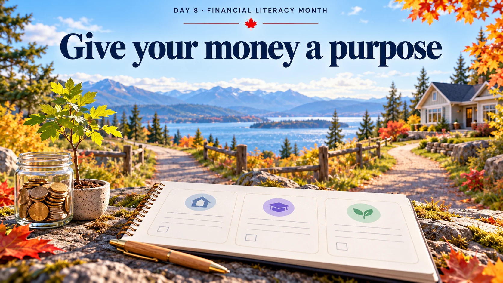 A notebook, savings jar and sapling beside a lakeside path leading toward a nearby home and distant mountains. Headline: Give your money a purpose.