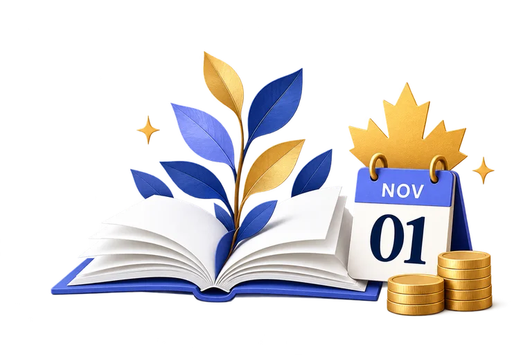 An open book with a growing plant, maple leaf and November 1 calendar